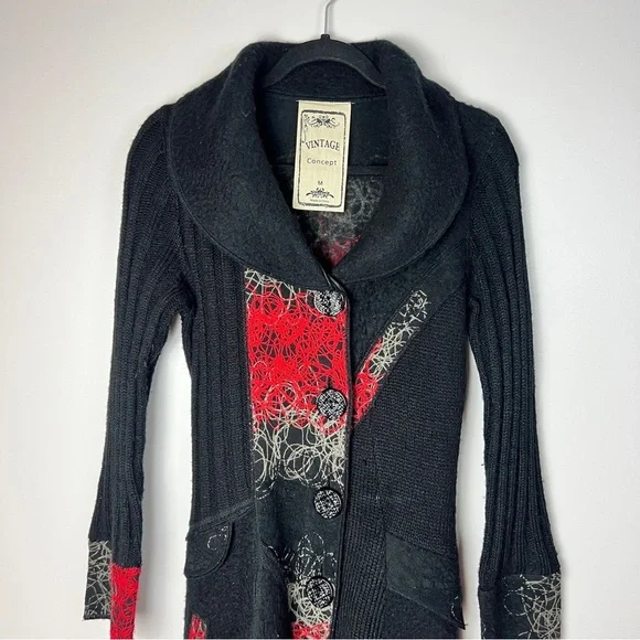 Vintage Concept Black Wool Blend Button Up Sweater Coat with Red Accents Women M - Picture 4 of 11